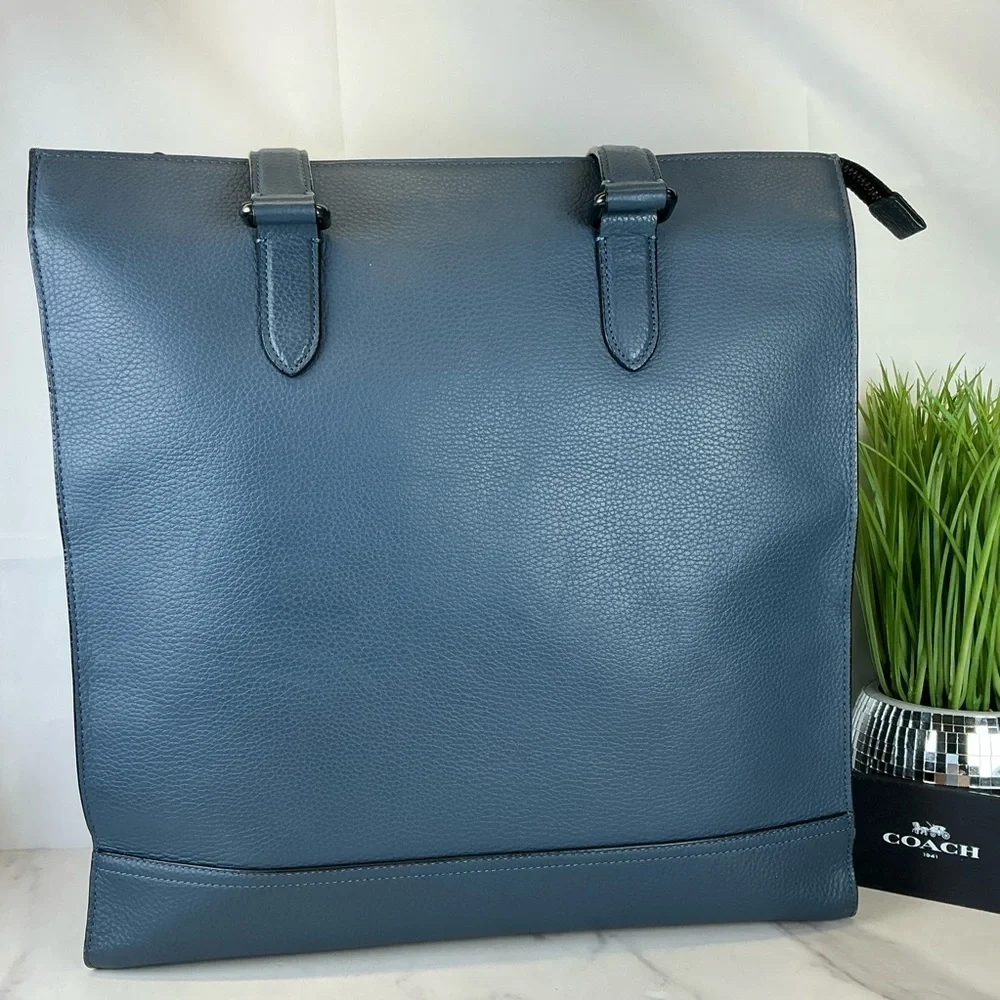 Coach Unisex Graham Stripe Blue‎ Leather Large Tote Shoulder Bag Work Laptop